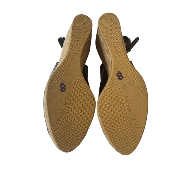 Stuart Weitzman Patent Leather Cork Wedge Bodajean Bow Slingback Heel Open Toe S - Picture 12 of 13